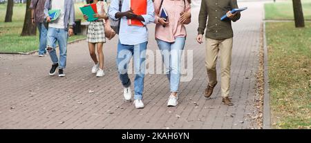 Gruppe von Studenten, die nach Vorlesungen durch den Park gehen. Stockfoto