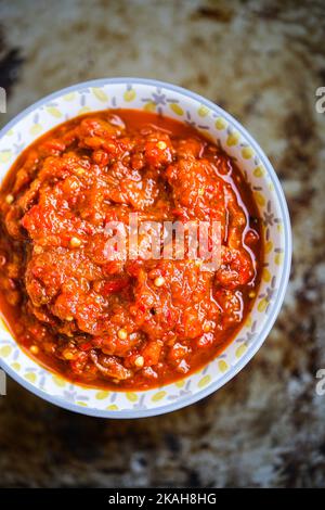 Zacusca eine rumänische geröstete Pfeffer- und Auberginen-Sauce. Stockfoto