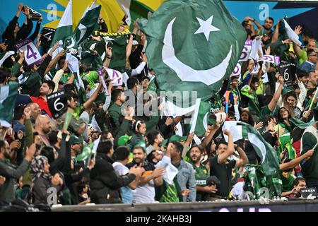 Sydney, Australien. 03.. November 2022. Pakistanische Fans beim ICC Men's World Cup Spiel T20 zwischen Pakistan und Südafrika auf dem Sydney Cricket Ground am 03. November 2022 in Sydney, Australien. BILD NUR FÜR REDAKTIONELLE VERWENDUNG - AUSSCHLIESSLICH KEINE KOMMERZIELLE NUTZUNG Quelle: Izhar Ahmed Khan/Alamy Live News/Alamy Live News Stockfoto