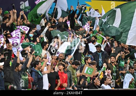 Sydney, Australien. 03.. November 2022. Pakistanische Fans beim ICC Men's World Cup Spiel T20 zwischen Pakistan und Südafrika auf dem Sydney Cricket Ground am 03. November 2022 in Sydney, Australien. BILD NUR FÜR REDAKTIONELLE VERWENDUNG - AUSSCHLIESSLICH KEINE KOMMERZIELLE NUTZUNG Quelle: Izhar Ahmed Khan/Alamy Live News/Alamy Live News Stockfoto