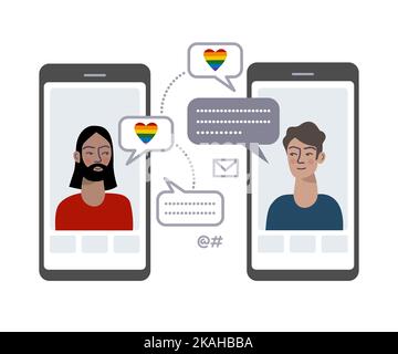 Schwule Paare auf Smartphones. Online kommunizieren. Stock Vektor
