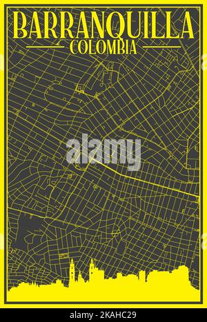 Schwarz-gelber handgezeichneter Vintage-Stadtplan mit Straßen-Ausdruck der Innenstadt VON BARRANQUILLA, KOLUMBIEN, mit hervorgehobener Skyline und Schriftzügen Stock Vektor