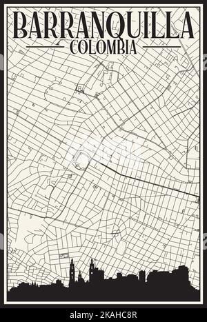 Weiß Vintage handgezeichneter Ausdruck Straßen Netzwerk Karte der Innenstadt VON BARRANQUILLA, KOLUMBIEN mit hervorgehobenen Stadt Skyline und Schriftzug Stock Vektor