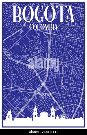 Blauer Vintage handgezeichneter Ausdruck Straßen Netzwerk Karte der Innenstadt VON BOGOTA, KOLUMBIEN mit hervorgehobener Skyline und Schriftzug Stock Vektor