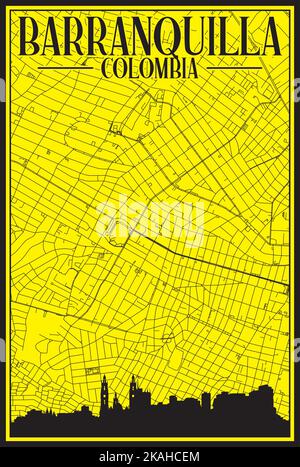 Gelber handgezeichneter Ausdruck Straßen Netzwerkkarte der Innenstadt VON BARRANQUILLA, KOLUMBIEN mit hervorgehobener Skyline und Schriftzügen Stock Vektor