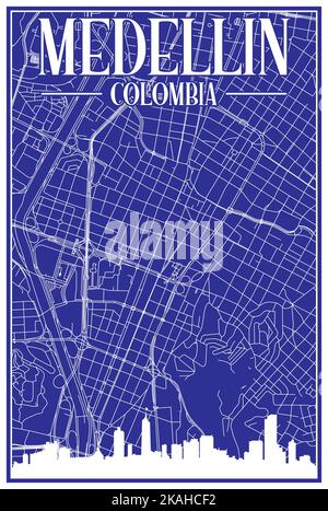 Blauer Vintage-handgezeichneter Ausdruck Straßen Netzwerkkarte der Innenstadt VON MEDELLIN, KOLUMBIEN mit hervorgehobener Skyline und Schriftzügen Stock Vektor