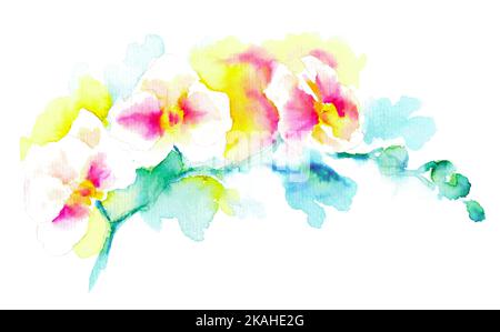 Zweig der weiß-rosa Orchideen. Handgezeichnete, lebendige Blumendarstellung mit Papiertextur. Helles Aquarell. Isoliert auf weißem Hintergrund. Stockfoto