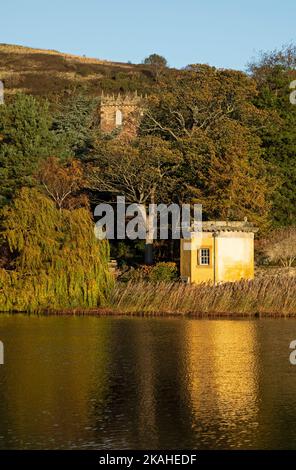 Duddingston, Edinburgh, Schottland, Großbritannien. 3.. November 2022. Die Herbstfärbung klammert sich nach dem gestrigen Sturm an, den Claudio übergangen hat, und bringt sintflutartigen Regen, starke Winde, Donner und Blitze. Im Bild: Eine herbstliche Szene mit dem Thomson's Tower und Duddingston Kirk am Ufer des Duddingston Loch, die in warmen Morgensonnen gebadet wurde. Temperatur a nippy 8 Grad Celsius. Quelle: Arch White/alamy Live News. Stockfoto