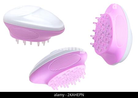 Nahaufnahme von drei batteriebetriebenen Kopfmassage-Bürsten, Shampoo-Bürsten oder Kopfmassage zum Peeling und Massieren der Kopfhautmassage. Schönheit und Gesundheit Stockfoto