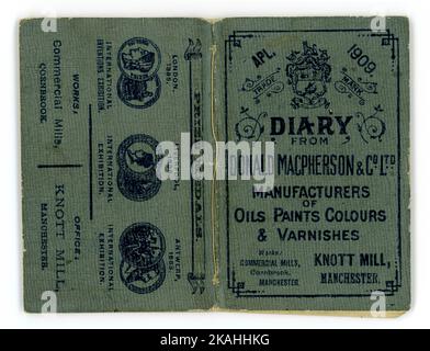 Original Vorder- und Rückseite des Tagebuchs von Donald Macpherson & Co Ltd Hersteller von Ölen Farben und Lacken, Knott Mill, Manchester, Großbritannien Vom 1909. Stockfoto