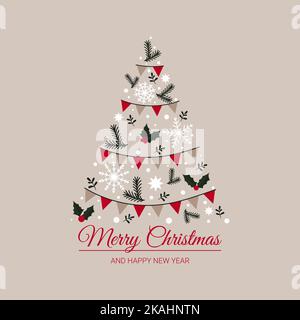 Frohe Weihnachten und Frohes Neues Jahr Text. Weihnachtsbeeren und Schneeflocken-Zweige Stock Vektor