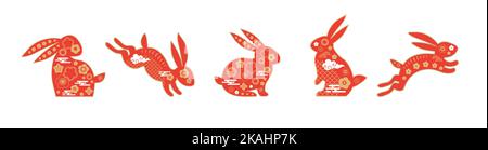 Chinesisches Neujahr 2023 Jahr des Kaninchens - Chinesisches Tierkreiszeichen, Lunar Neujahrskonzept, Hase und Kaninchen im chinesischen Stil mit Blumen und Wolken Stock Vektor