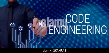 Inspiration mit Zeichen Code Engineering. Geschäftsidee signifikante Ideen, die vollständig oder teilweise unterdrückt werden Geschäftsmann Holding Pen, zeigt Stockfoto
