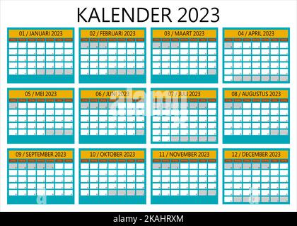 Vector Kalender 2023 in Niederländisch mit Wochenplan ab Sonntag. Mit Farben blau, gelb, braun Stock Vektor