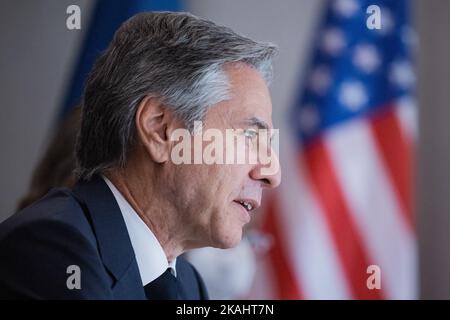 Münster, Deutschland. 03. November 2022, Nordrhein-Westfalen, Münster: Antony Blinken, US-Außenminister, im Gespräch mit Außenminister Baerbock beim Treffen von G7 Außenministern. Quelle: dpa picture Alliance/Alamy Live News Quelle: dpa picture Alliance/Alamy Live News Stockfoto