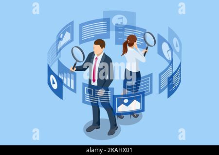 Isometrisches Konzept der Geschäftsanalyse, Analyse, Forschung, Strategiestatistik, Planung, Marketing, Untersuchung von Leistungsindikatoren. Verwenden Von Analysen Stock Vektor