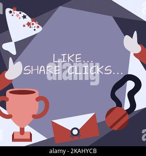 Text zeigt Inspiration wie Teilen Klicks . Konzeptfoto Content Marketing zur Steigerung der emotionalen Bindung Social Media man mit Mobiltelefon und Digital S Stockfoto