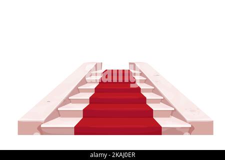 Marmor elegante Treppe Schloss Fee Innenraum mit rotem Teppich, mittelalterliches Objekt in Cartoon-Stil isoliert auf weißem Hintergrund. UI Game Asset, Hallenbau, Bühne. Vektorgrafik Stock Vektor