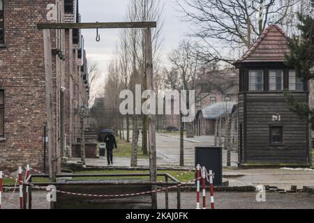 Gerüst im Lager Auschwitz, wo Rudolf Hess, Hauptkommandant des Lagers Auschwitz, während der Feierlichkeiten zum 71.. Jahrestag der Befreiung von Auschwitz im Dorf Oswiecim, Polen, am 27. Januar 2016 bis zum Tod gehängt wurde. (Foto von Celestino Arce/NurPhoto) Stockfoto