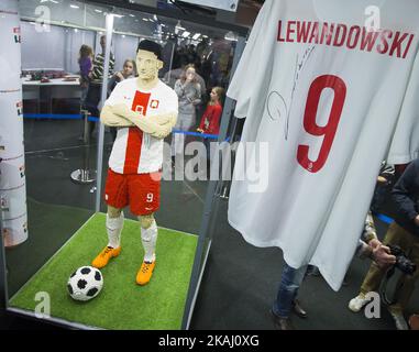 Robert Lewandowski aus Lego-Steinen. Denkmal von Robert Lewandowski im Maßstab 1:1 aus 70.000 Legosteinen auf der Lego-Ausstellung im Nationalstadion in Warschau, 05. Februar 2016, Polen (Foto: Krystian Dobuszynski/NurPhoto) *** Bitte benutzen Sie die Gutschrift aus dem Kreditfeld *** Stockfoto