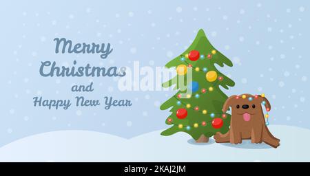 Grußkarte mit einem niedlichen Cartoon-Hund Dekoration Weihnachtsbaum. Niedliche Weihnachten saisonale Illustration in flachen Cartoon-Stil. Stock Vektor