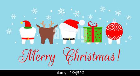 Weihnachtszähne im Weihnachtskostüm auf Zahnarzt-Grußkarte. Stock Vektor