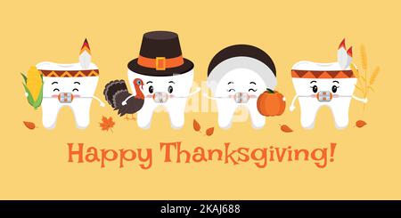 Thanksgiving glückliche Zähne in Zahnspangen auf Zahnarztkarte. Stock Vektor