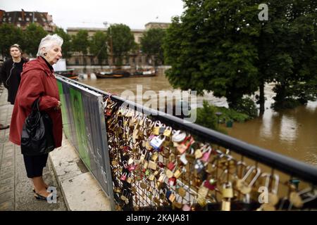 Die Menschen machen Fotos und beobachten, wie das Wasser in der Nähe des Eiffelturms aufsteigt, während die Böschungen des Flusses seine nach vier Tagen starken Regens am 3. Juni 2016 in Paris, Frankreich, überströmen. Nordfrankreich erlebt derzeit Regenwetter und verursacht Überschwemmungen in Teilen Frankreichs, insbesondere in Paris, wo die French Open Verzögerungen bei den Spielen hatten. (Foto von Mehdi Taamallah/NurPhoto) *** Bitte benutzen Sie die Gutschrift aus dem Kreditfeld *** Stockfoto