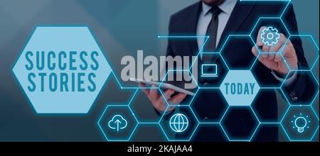 Erfolgsgeschichten zur Konzeptunterschrift. Geschäftsidee eine Chronik mit großem Erfolg, die von einer Person erzielt wurde, die ein Tablet hält, das Digital präsentiert Stockfoto