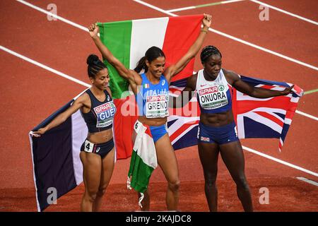 Libania Grenot aus Italien gewinnt das Finale 400m mit Floria Guei aus Frankreich 2. und Anyika Oluora aus Großbritannien, die bei den Europameisterschaften 23., die am Freitag, den 8.. Juli 2016 in Amsterdam ausgetragen wurden, den 3.. Platz belegt haben Stockfoto