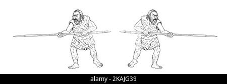 Prähistorischer Mensch - Neandertaler. Vorfahren der Menschen. Ausgestorbener Mensch aus der Eiszeit. Digitale Zeichnung für die Färbung. Stockfoto