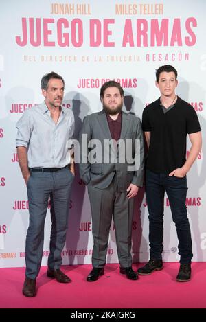 Todd Phillips Jonah Hill und Miles Teller nehmen am 8. September 2016 an der Fotozelle „war Dogs“ im Hotel Santo mauro in Madrid Teil (Foto von Gabriel Maseda/NurPhoto) *** Bitte nutzen Sie die Gutschrift aus dem Credit-Feld *** Stockfoto