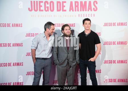 Todd Phillips Jonah Hill und Miles Teller nehmen am 8. September 2016 an der Fotozelle „war Dogs“ im Hotel Santo mauro in Madrid Teil (Foto von Gabriel Maseda/NurPhoto) *** Bitte nutzen Sie die Gutschrift aus dem Credit-Feld *** Stockfoto