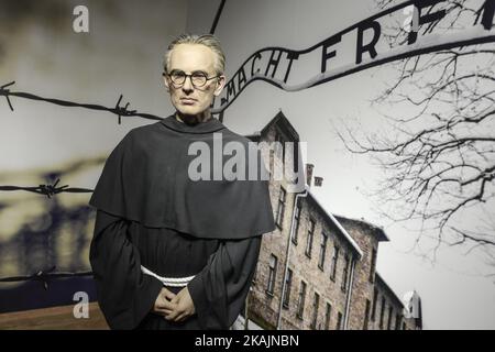 Eine Wachsfigur von Pater Maximilian Maria Kolbe, einem polnischen Franziskanerkonventualmönch, Die sich freiwillig meldete, im deutschen Todeslager Auschwitz, das sich während des Zweiten Weltkriegs im deutsch besetzten Polen befand, an Stelle eines Fremden zu sterben, gesehen im Wachsfigurenkabinett „Polonia“, einer der neuesten und beliebtesten Touristenattraktionen im Zentrum von Krakau. Am Sonntag, den 6. November 2016, in Krakau, Polen. Foto von Artur Widak *** Bitte nutzen Sie die Gutschrift aus dem Kreditfeld *** Stockfoto