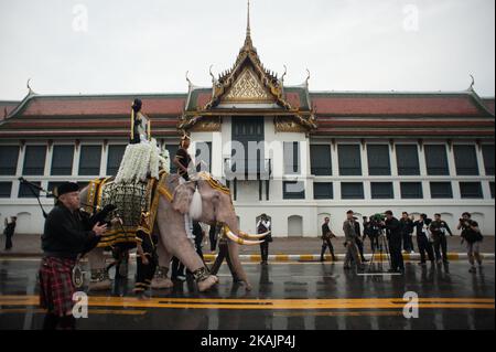 Elefanten zollen dem verstorbenen König Bhumibol Adulyadej am 8. November 2016 vor dem Großen Palast Bangkok, Thailand, Respekt. Thailands König Bhumibol Adulyadej starb am 13. Oktober im Alter von 88 Jahren nach Jahren kranker Gesundheit, beendete eine siebenzehnjährige Regierungszeit und ließ die politisch gespaltene Nation ohne ihre zentrale Säule der Einheit zurück. (Foto von Anusak Laowias/NurPhoto) *** Bitte nutzen Sie die Gutschrift aus dem Kreditfeld *** Stockfoto