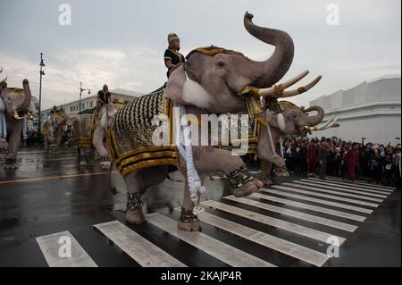 Elefanten zollen dem verstorbenen König Bhumibol Adulyadej am 8. November 2016 vor dem Großen Palast Bangkok, Thailand, Respekt. Thailands König Bhumibol Adulyadej starb am 13. Oktober im Alter von 88 Jahren nach Jahren kranker Gesundheit, beendete eine siebenzehnjährige Regierungszeit und ließ die politisch gespaltene Nation ohne ihre zentrale Säule der Einheit zurück. (Foto von Anusak Laowias/NurPhoto) *** Bitte nutzen Sie die Gutschrift aus dem Kreditfeld *** Stockfoto