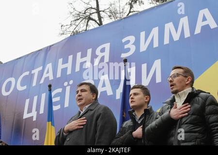 Die neu organisierte „Bewegung neuer Energien“ unter der Leitung von Mikheil Saakaschwili (ehemaliger Präsident Georgiens und Ex-Gouverneur der ukrainischen Region Odessa) ermutigt die ukrainer, das Parlament zu entheben, das laut Aussagen nicht in der Lage ist, die Reformen innerhalb des Staates durchzuführen. (Foto von Sergii Kharchenko/NurPhoto) *** Bitte nutzen Sie die Gutschrift aus dem Kreditfeld *** Stockfoto