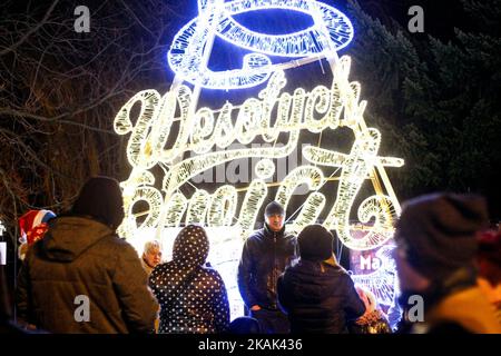 Vor dem beleuchteten Wesolych Swiat (Frohe Weihnachten) Schild fotografieren die Menschen. Tausende besuchen am 26. Dezember 2016 den Oliwski Park in Danzig, Polen, um am letzten Weihnachtstag in Polen die Weihnachtsstimmung zu spüren. Der Oliwski Park ist mit über 500,000 Lichtern mit einer Gesamtlänge von 7,5 km beleuchtet. (Foto: Michal Fludra/NurPhoto) *** Bitte benutzen Sie das Credit from Credit Field *** Stockfoto