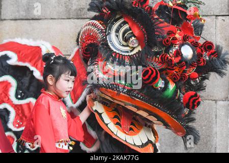 Die Tänzerin Xi Ya Jin posiert mit einem chinesischen Löwen, während sie am Start des chinesischen Neujahrsfestes in Dublin im Schloss Dublin teilnimmt. Am Montag, den 9. Januar 2017, in Dublin, Irland. Foto von Artur Widak *** Bitte nutzen Sie die Gutschrift aus dem Kreditfeld *** Stockfoto