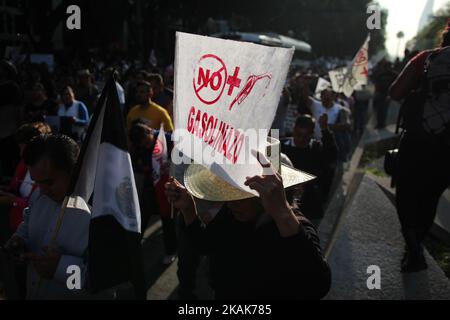 Die weitgehend friedlichen Proteste gegen die Kraftstoffpreiserhöhungen gingen landesweit in Mexiko weiter und die Plünderungen, die letzte Woche zu beobachten waren, gingen am 9. Januar 2017 in Mexiko-Stadt weitgehend zurück. Die Proteste haben Hunderte von Unternehmen geplündert und mehr als 1.500 inhaftiert. (Foto von Emilio Espejel/NurPhoto) *** Bitte nutzen Sie die Gutschrift aus dem Kreditfeld *** Stockfoto