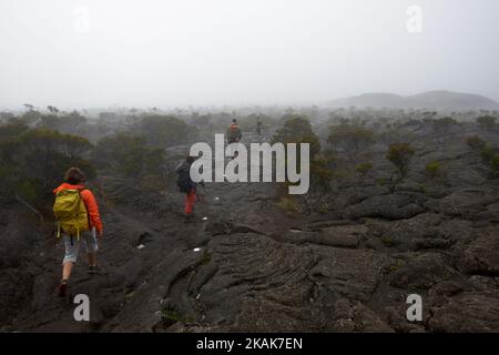 Wanderer folgen den weißen Punkten, die den Weg am Fuße der Caldera 'Enclos FouquÃ©' symbolisieren, direkt unter dem Pass 'Pas de Bellecombe'. Der Weg führt zum kleinen Vulkankrater 'Formica Leo' und dann zum Vulkan 'Piton de la Fournaise'. Der Boden wird durch Lavakruste gebildet. La RÃ©Union. Frankreich. (Foto von Alain Pitton/NurPhoto) *** Bitte nutzen Sie die Gutschrift aus dem Kreditfeld *** Stockfoto