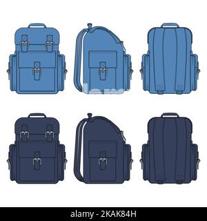 Set mit farbigen Illustrationen mit einem Jeansrucksack. Isolierte Vektorobjekte auf Weiß. Stock Vektor