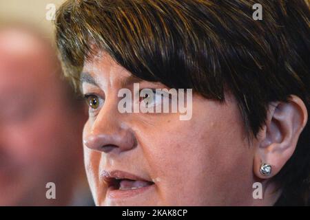 Arlene Foster, Vorsitzender der demokratischen Unionistischen Partei (DUP), spricht vor einer Vollversammlung in Stormont in Belfast. Am Montag, den 16. Januar 2017, in Belfast, Nordirland, Großbritannien. Foto von Artur Widak *** Bitte nutzen Sie die Gutschrift aus dem Kreditfeld *** Stockfoto