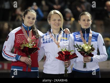 Sofia Prosvirnova, Arianna Fontana und Lucia Peretti während der European Short Track Speed Skating Championships in Turin am 14. Januar 2017 (Foto: Loris Roselli/NurPhoto). *** Bitte verwenden Sie Credit from Credit Field *** Stockfoto