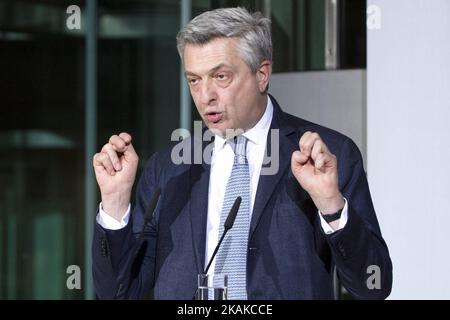 Der UN-Hochkommissar für Flüchtlinge, Filippo Grandi, spricht nach der Verleihung des Willy-Brandt-Preises 5. am 23. Januar 2017 im Willy-Brandt-Haus in der SPD-Zentrale in Berlin die Gäste an. (Foto von Emmanuele Contini/NurPhoto) *** Bitte benutzen Sie die Gutschrift aus dem Kreditfeld *** Stockfoto