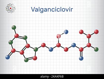 Valganciclovir-Molekül. Es ist antivirales Medikament zur Behandlung von Cytomegalievirus, CMV, Infektion bei Menschen mit HIV, AIDS. Molekülmodell. Blatt pa Stock Vektor