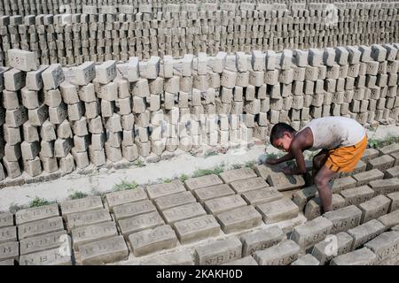 hakim (9) arbeitet am 4. Februar 2017 in einem Ziegelfeld. Er verdient weniger als 7 Dollar pro Woche, muss aber am 4. Februar 2017 mehr als 8 Stunden arbeiten. Am 4. Februar 2017 geht dieses lillte Kind kaum zur Schule. Narayanganj, Bangladesch (Foto: Mushfiqul Alam/NurPhoto) *** Bitte nutzen Sie die Gutschrift aus dem Kreditfeld *** Stockfoto