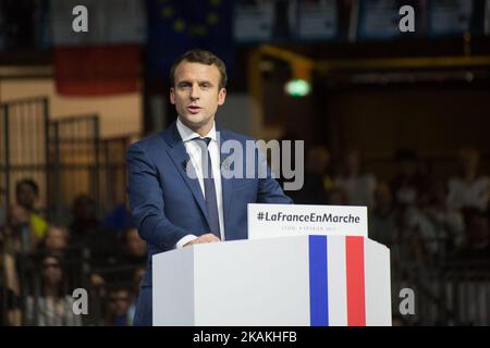 Emmanuel Macron, ehemaliger Finanzminister, hält am Samstag, den 4.. Februar 2017, vor 16 000 Personen eine Rede zu den französischen Präsidentschaftswahlen. Emmanuel Macron ist der Führer des politischen Mouvments 'en Marche'. (Foto von Michaud Gael/NurPhoto) *** Bitte nutzen Sie die Gutschrift aus dem Kreditfeld *** Stockfoto