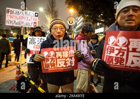 Anti-Atom-Demonstranten halten während eines Protestes Plakate mit „No nukes“-Plakaten, auf denen die japanische Regierung aufgefordert wird, die Atomkraft in Japan in Tokio, am 10. Februar 2017, zu beenden. (Foto von Richard Atrero de Guzman/NurPhoto) *** Bitte nutzen Sie die Gutschrift aus dem Kreditfeld *** Stockfoto