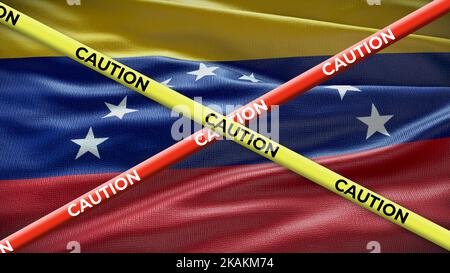 Nationalflagge des Landes Venezuela mit gelbem Klebeband. Ausgabe in den Ländernachrichten. 3D Abbildung. Stockfoto